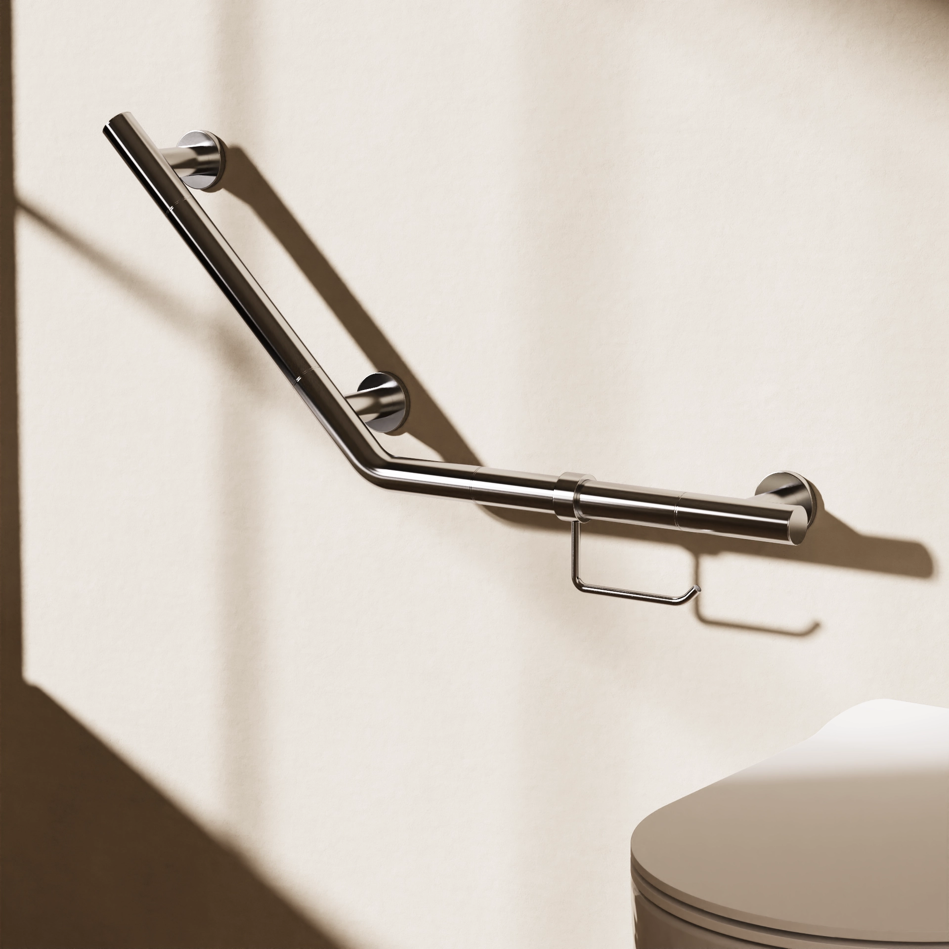 Angled Grab Bar with Toilet Roll Holder