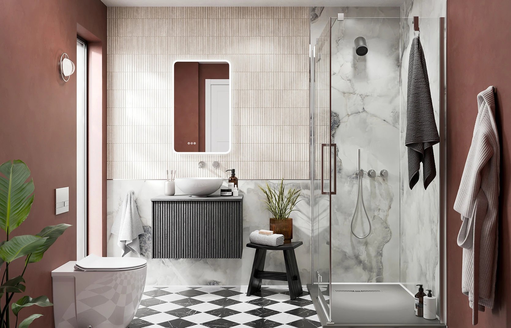 Warm neutral main bathroom design