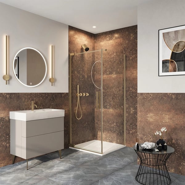 Asura Hinged Shower Door with Side Panel in Brushed Brass