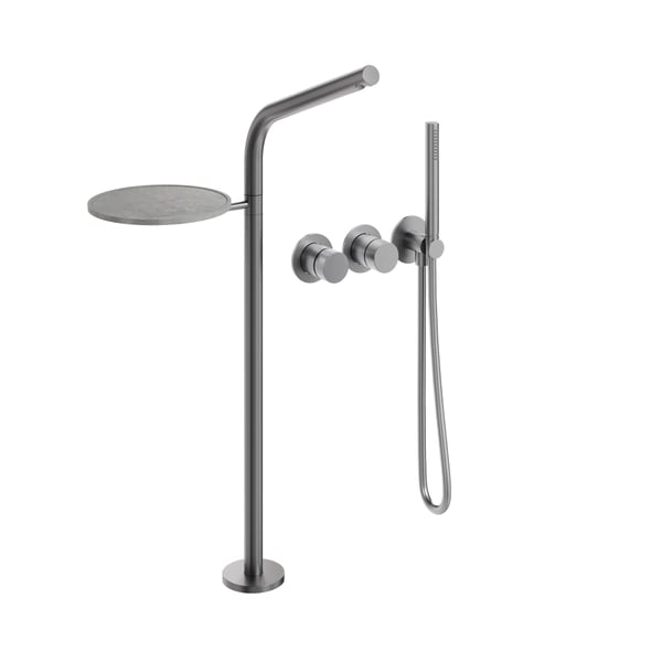 The Ixora Bath Shower Mixer Tap Floor Standing with Wall Mounted Controls & Shelf